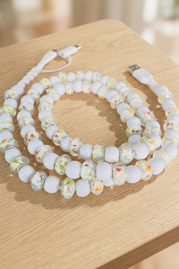 Updated White Floral Beaded Cord Charger