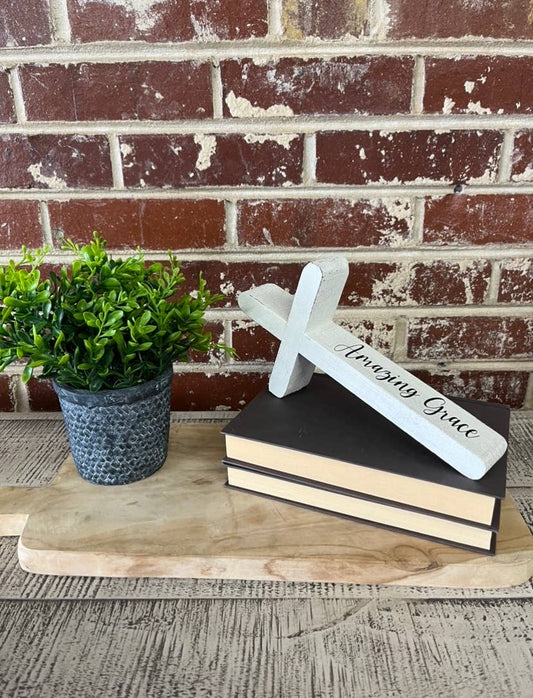 Amazing Grace -Rustic White Wood Cross - Decorative Tabletop