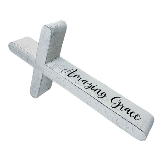 Amazing Grace -Rustic White Wood Cross - Decorative Tabletop