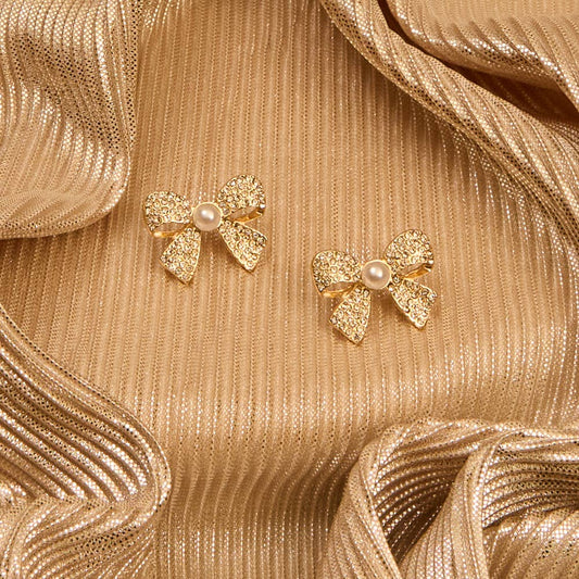 Elegant Pearl Center Bow Rhinestone Post Earrings
