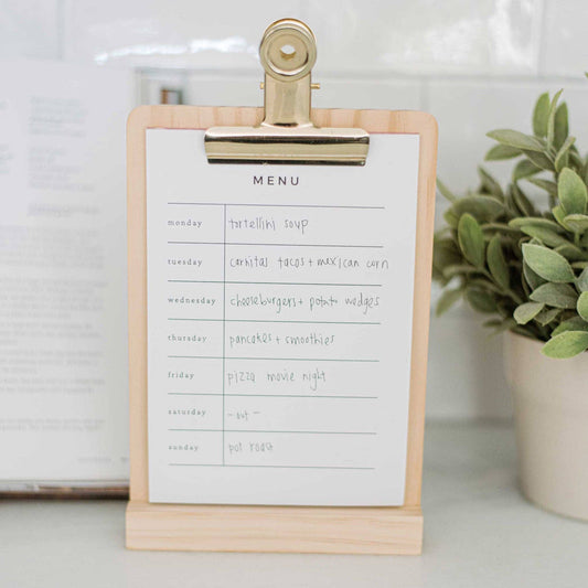 Weekly Menu Stand – Wooden Base with Refillable Meal Planner