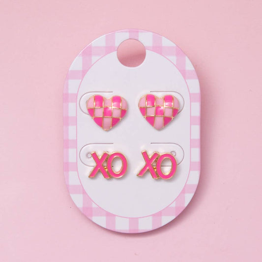Pink Enamel Heart and XO Letter Stud Earring Set