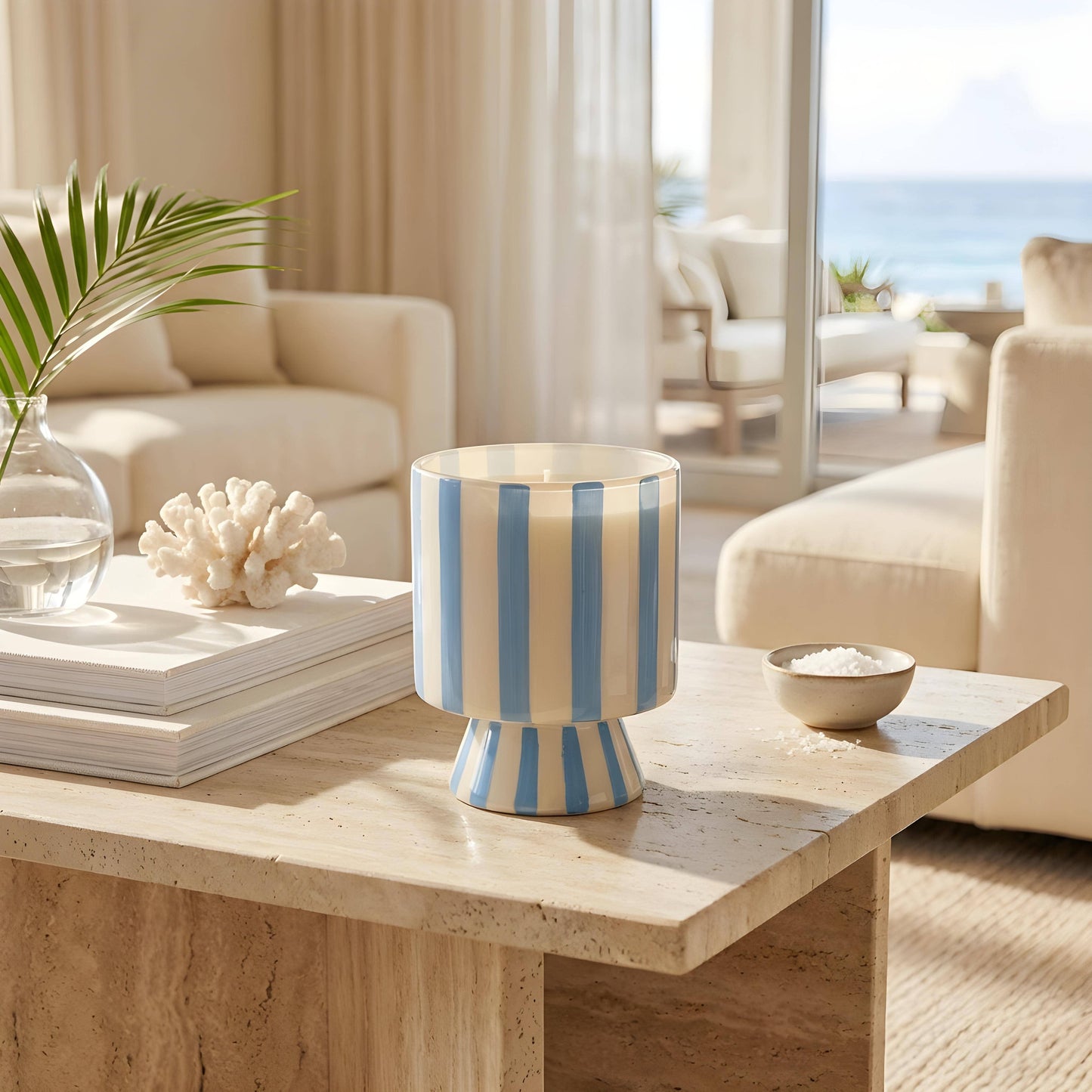 13 oz Blue Stripe Pedestal Glass Candle – Resort