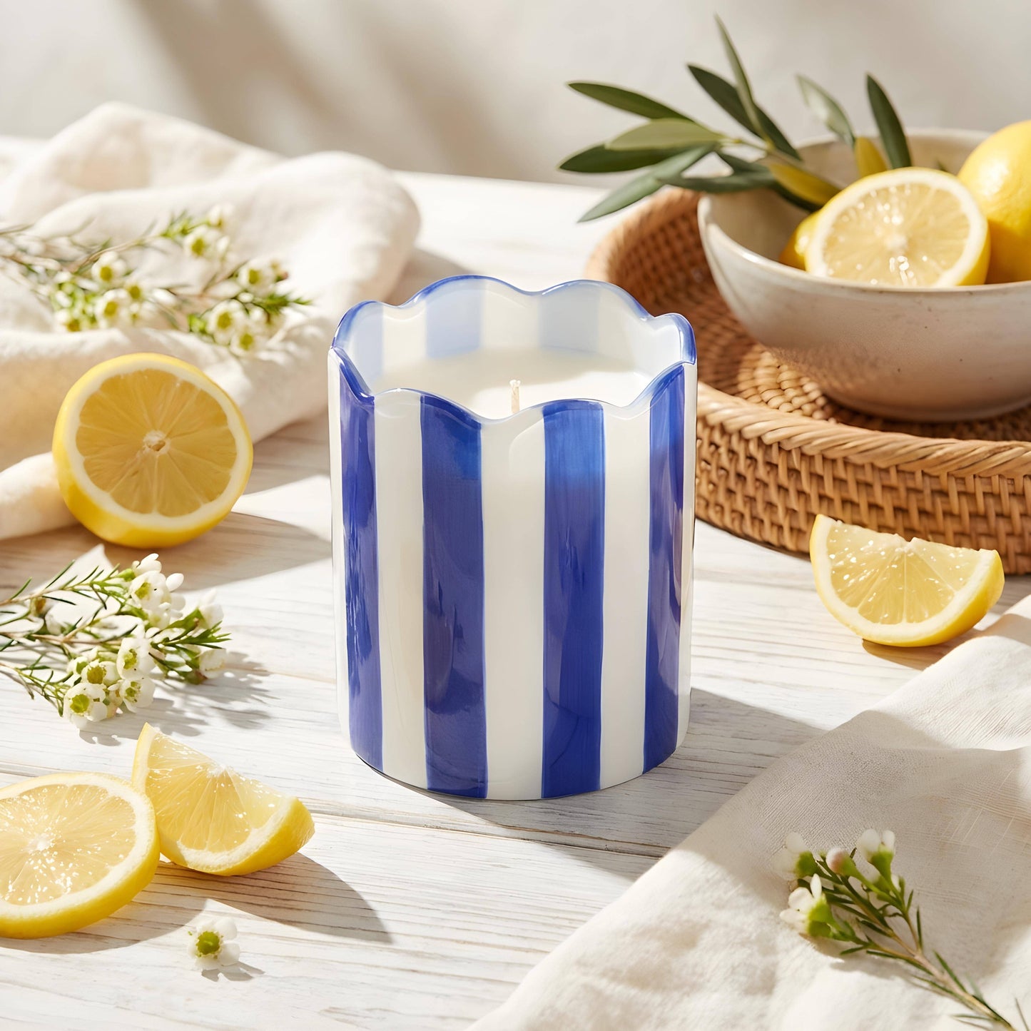 15 oz Blue & White Scallop Stripe Glass Candle – Sunshine