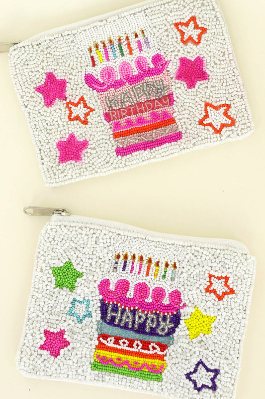 "Happy Birthday Cake" Beaded Zipper Coin Bag
