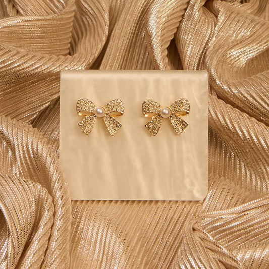 Elegant Pearl Center Bow Rhinestone Post Earrings
